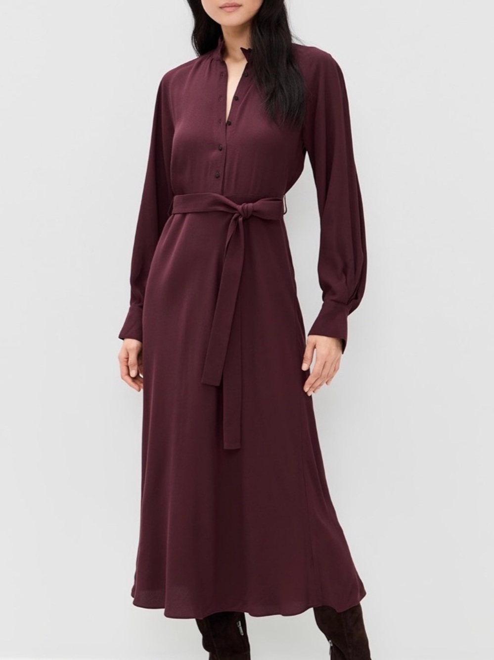 Vince Burgundy Long-Sleeve Belted Midi Dress